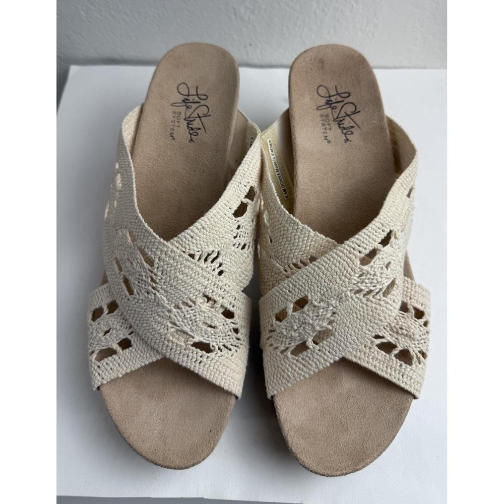 LifeStride Cream Donna Woven Crochet Cork Wedge Slide Sandals Womens Size 8.5 - Picture 2 of 9